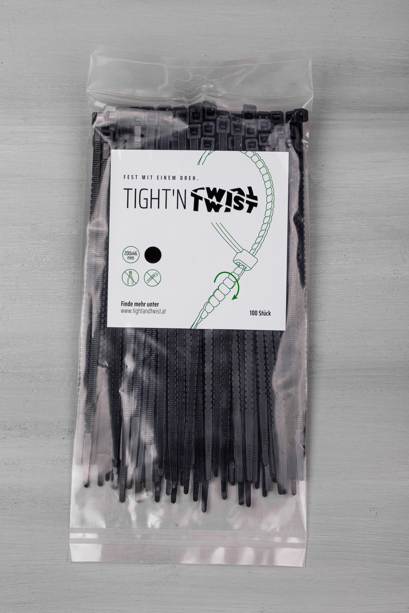 100er-Pack Tight'n Twist Kabelbinder, 200 x 4,6mm, ohne Werkzeug abtrennbar, schwarz