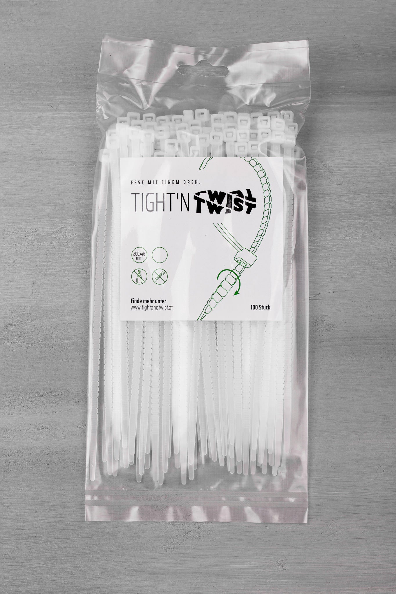 100er-Pack Tight'n Twist Kabelbinder, 200 x 4,6mm, ohne Werkzeug abtrennbar, transparent