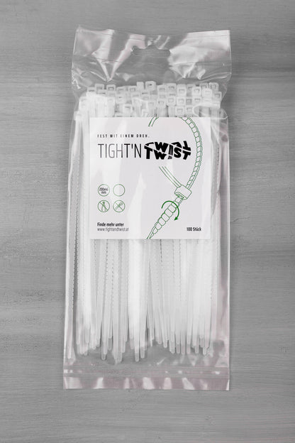 100er-Pack Tight'n Twist Kabelbinder, 200 x 4,6mm, ohne Werkzeug abtrennbar, transparent