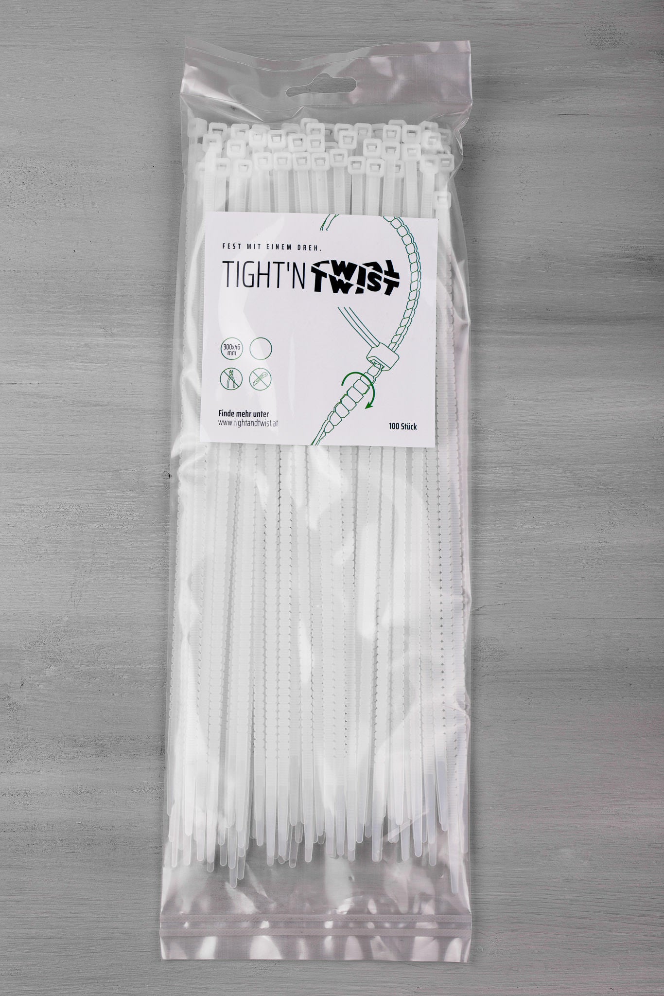 100er-Pack Tight'n Twist Kabelbinder, 300 x 4,6mm, ohne Werkzeug abtrennbar, transparent